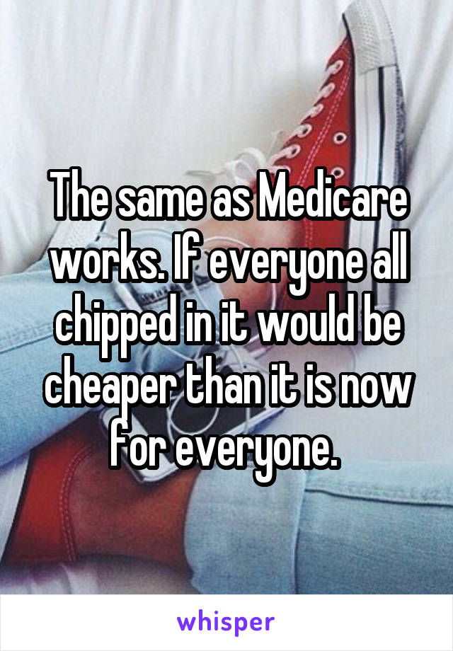 The same as Medicare works. If everyone all chipped in it would be cheaper than it is now for everyone. 