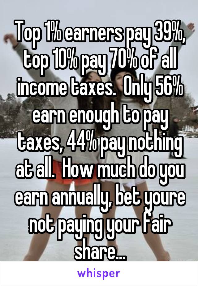 Top 1% earners pay 39%, top 10% pay 70% of all income taxes.  Only 56% earn enough to pay taxes, 44% pay nothing at all.  How much do you earn annually, bet youre not paying your fair share...