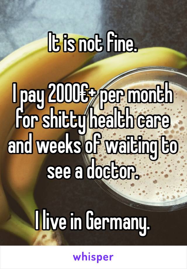 It is not fine.

I pay 2000€+ per month for shitty health care and weeks of waiting to see a doctor.

I live in Germany.