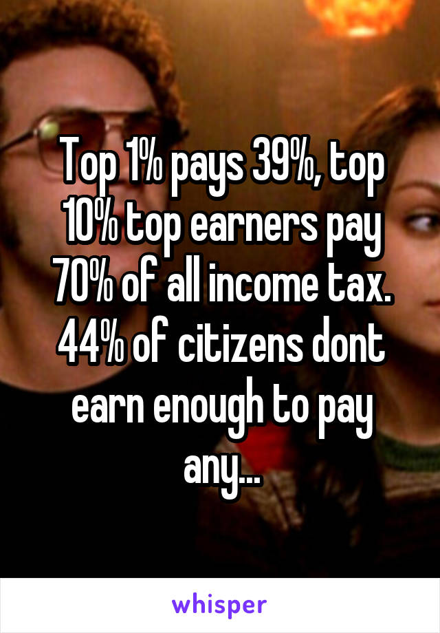 Top 1% pays 39%, top 10% top earners pay 70% of all income tax. 44% of citizens dont earn enough to pay any...