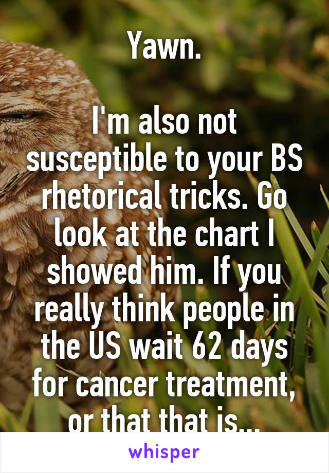 Yawn.

I'm also not susceptible to your BS rhetorical tricks. Go look at the chart I showed him. If you really think people in the US wait 62 days for cancer treatment, or that that is...