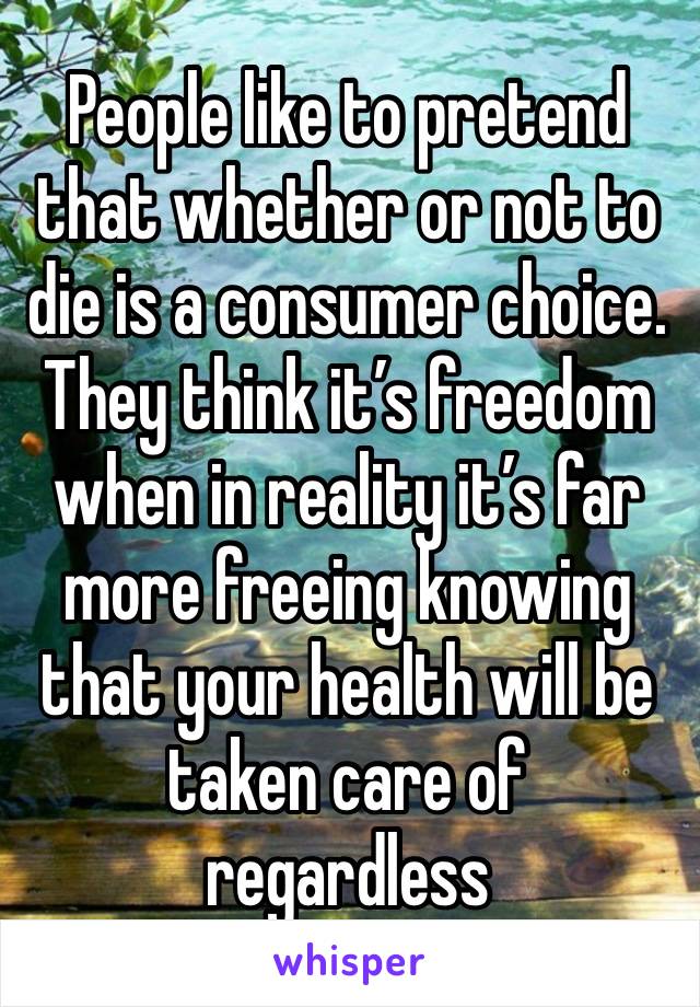 People like to pretend that whether or not to die is a consumer choice. They think it’s freedom when in reality it’s far more freeing knowing that your health will be taken care of regardless 