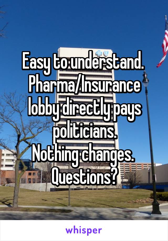 Easy to understand. 
Pharma/Insurance lobby directly pays politicians.
Nothing changes. 
Questions?