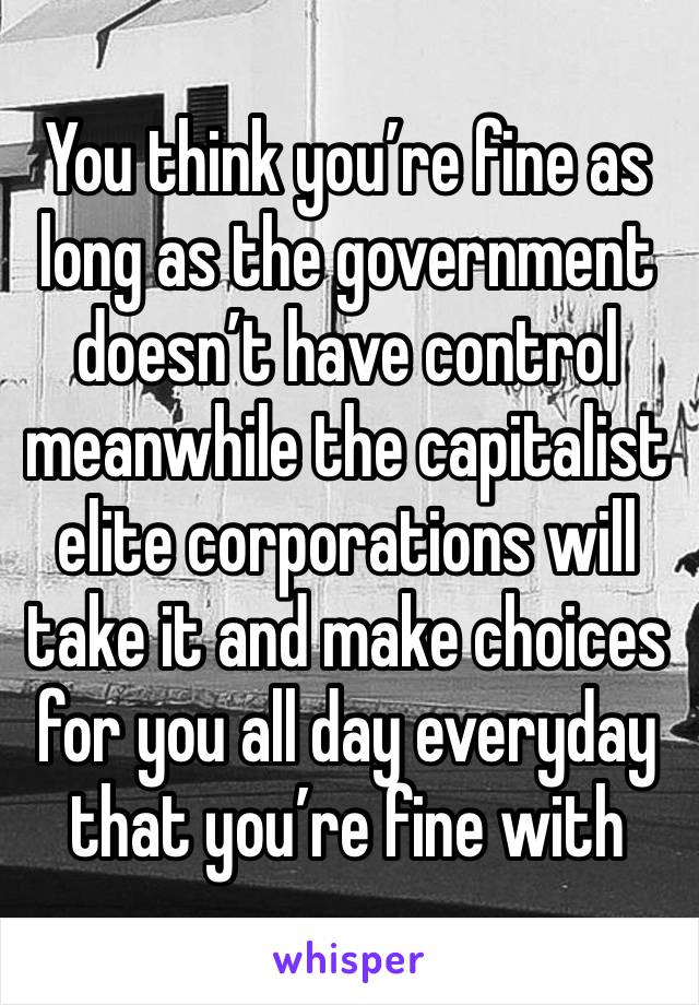 You think you’re fine as long as the government doesn’t have control meanwhile the capitalist elite corporations will take it and make choices for you all day everyday that you’re fine with