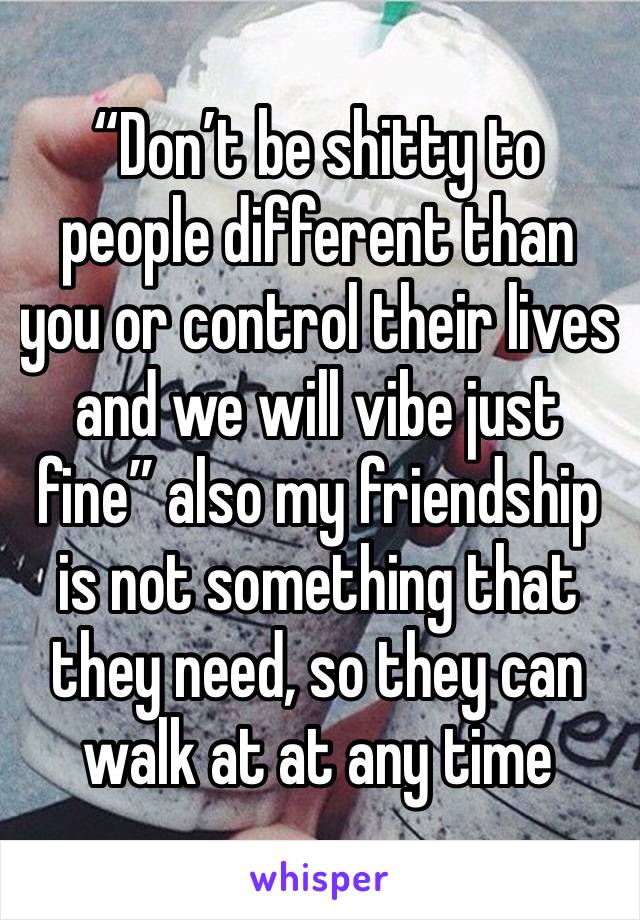 “Don’t be shitty to people different than you or control their lives and we will vibe just fine” also my friendship is not something that they need, so they can walk at at any time