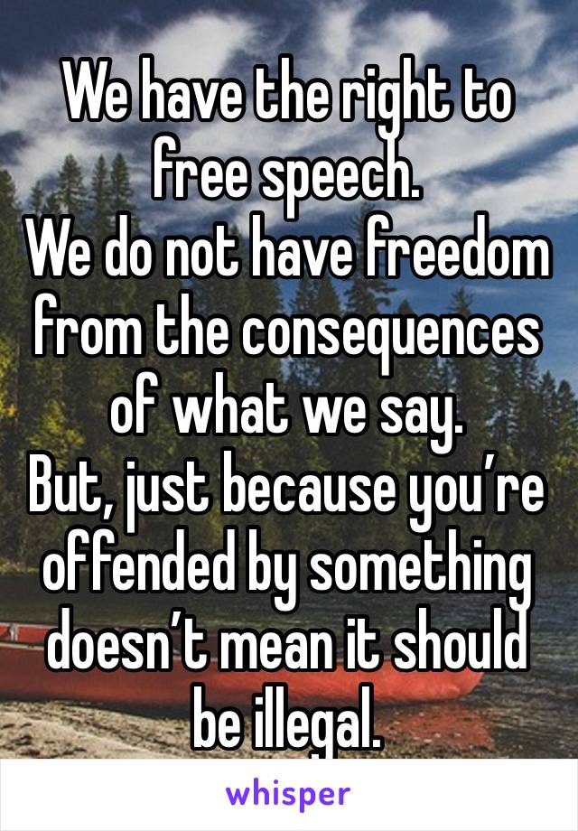 We have the right to free speech.
We do not have freedom from the consequences of what we say.
But, just because you’re offended by something doesn’t mean it should be illegal. 