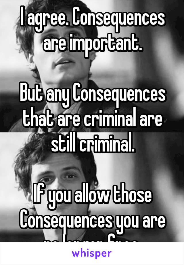 I agree. Consequences are important.

But any Consequences that are criminal are still criminal.

If you allow those Consequences you are no longer free 