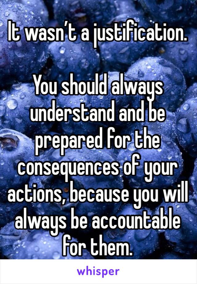 It wasn’t a justification.

You should always understand and be prepared for the consequences of your actions, because you will always be accountable for them.