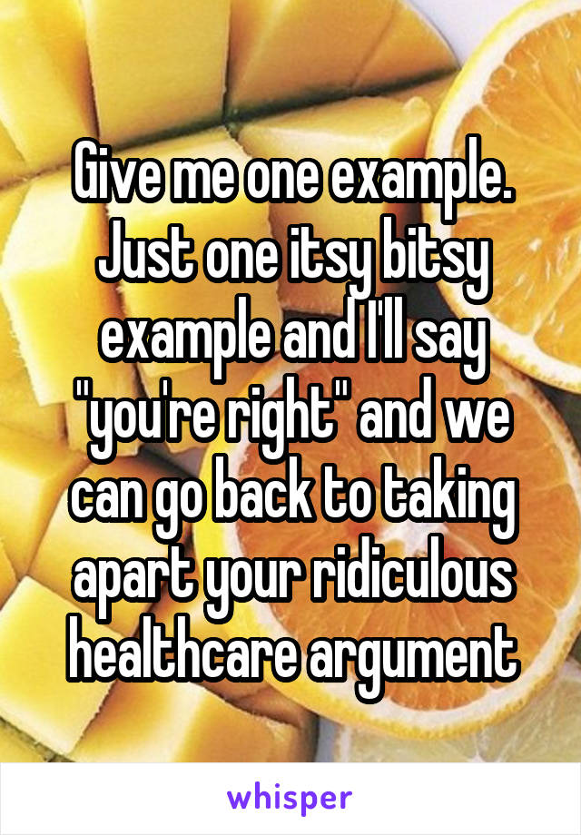 Give me one example. Just one itsy bitsy example and I'll say "you're right" and we can go back to taking apart your ridiculous healthcare argument