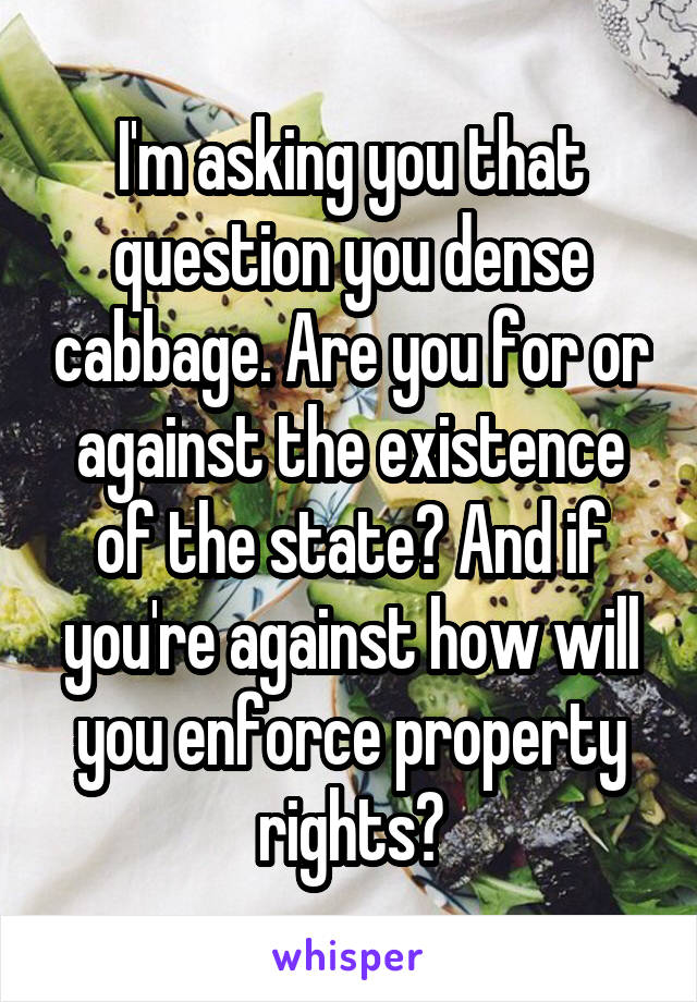 I'm asking you that question you dense cabbage. Are you for or against the existence of the state? And if you're against how will you enforce property rights?