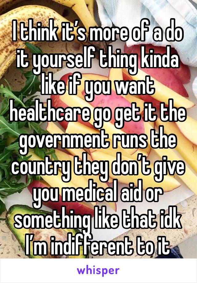 I think it’s more of a do it yourself thing kinda like if you want healthcare go get it the government runs the country they don’t give you medical aid or something like that idk I’m indifferent to it