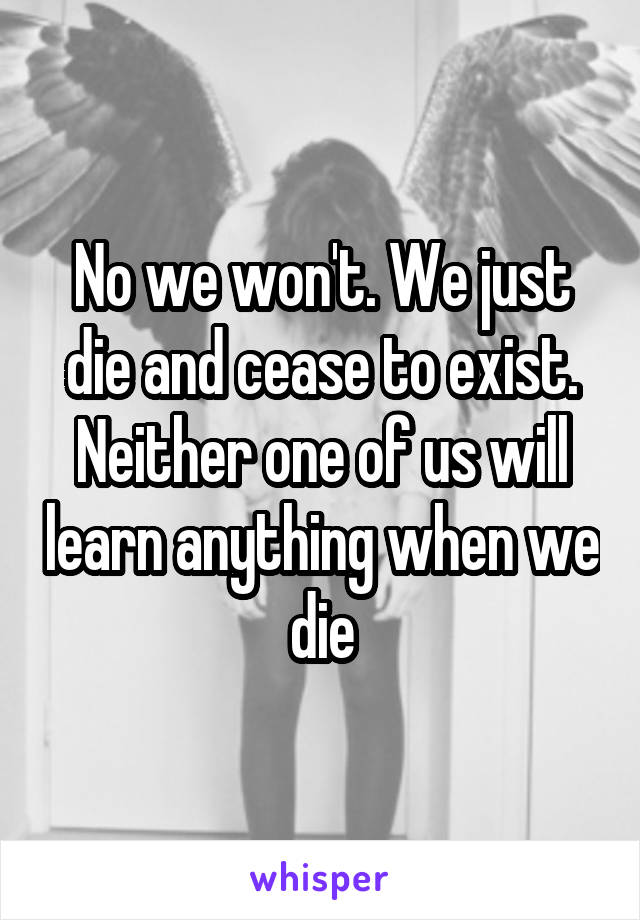 No we won't. We just die and cease to exist. Neither one of us will learn anything when we die