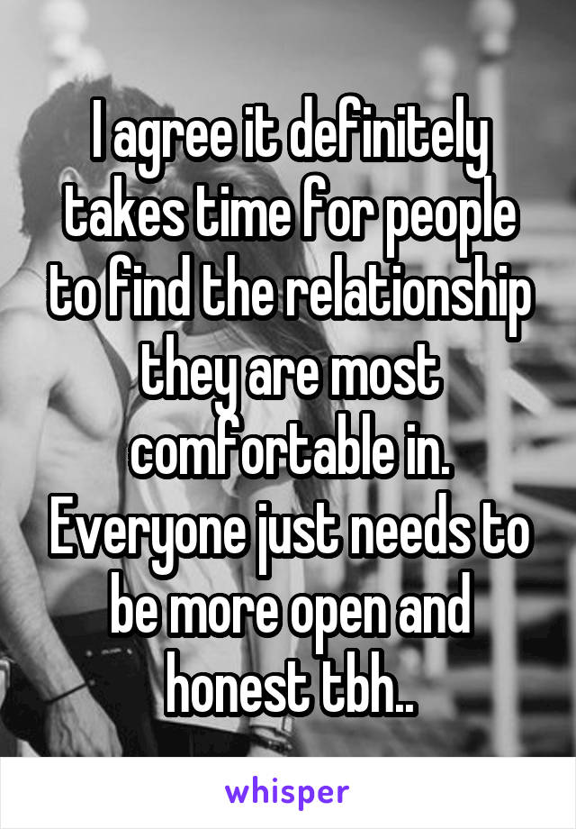 I agree it definitely takes time for people to find the relationship they are most comfortable in. Everyone just needs to be more open and honest tbh..