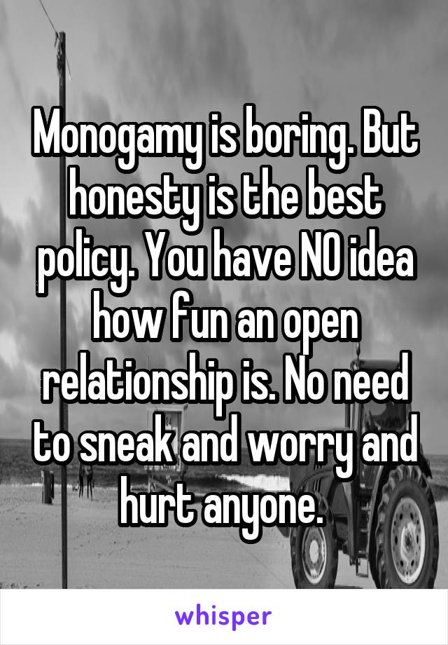 Monogamy is boring. But honesty is the best policy. You have NO idea how fun an open relationship is. No need to sneak and worry and hurt anyone. 