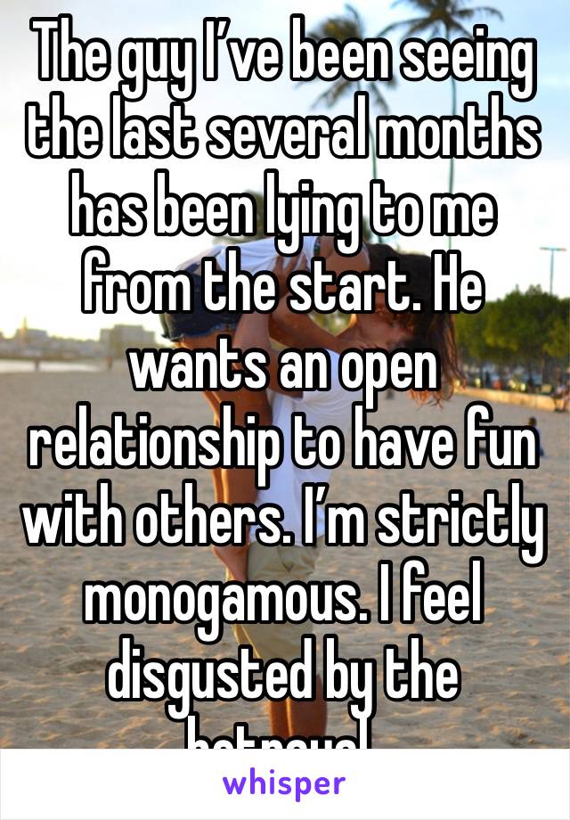 The guy I’ve been seeing the last several months has been lying to me from the start. He wants an open relationship to have fun with others. I’m strictly monogamous. I feel disgusted by the betrayal.