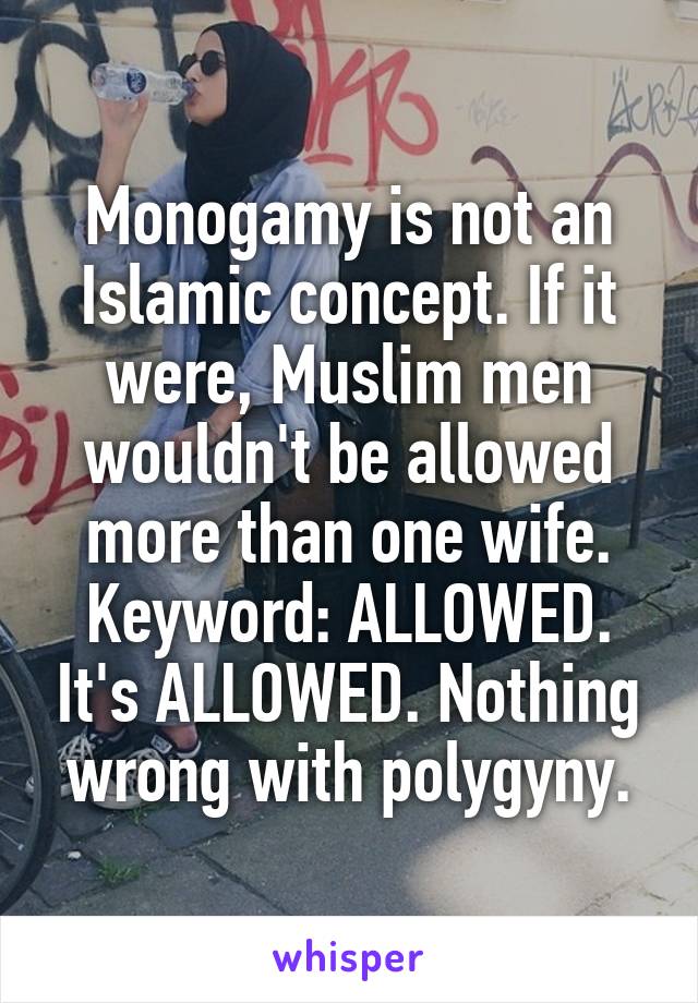 Monogamy is not an Islamic concept. If it were, Muslim men wouldn't be allowed more than one wife. Keyword: ALLOWED. It's ALLOWED. Nothing wrong with polygyny.