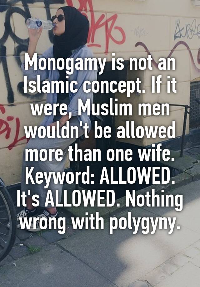 Monogamy is not an Islamic concept. If it were, Muslim men wouldn't be allowed more than one wife. Keyword: ALLOWED. It's ALLOWED. Nothing wrong with polygyny.