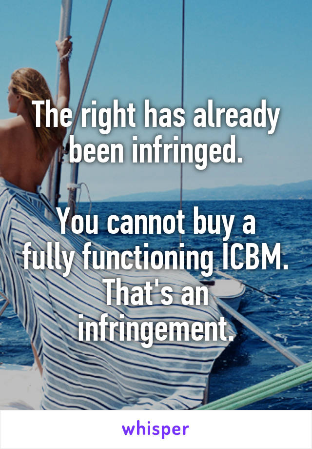 The right has already been infringed.

You cannot buy a fully functioning ICBM.
That's an infringement.