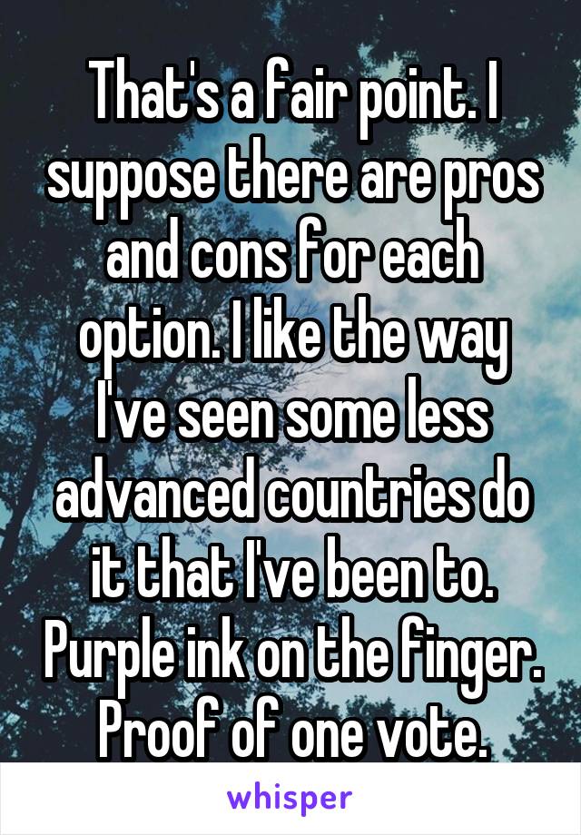 That's a fair point. I suppose there are pros and cons for each option. I like the way I've seen some less advanced countries do it that I've been to. Purple ink on the finger. Proof of one vote.