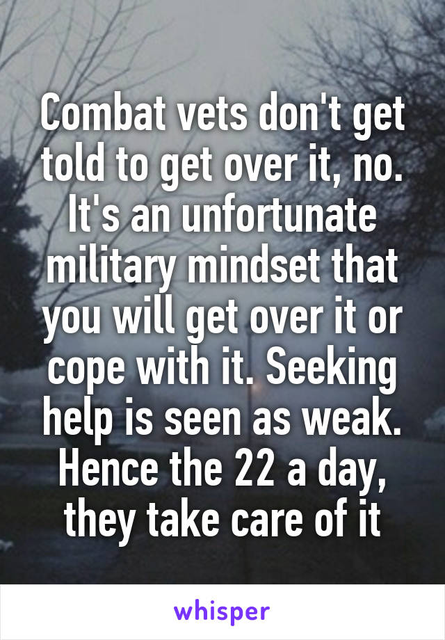 Combat vets don't get told to get over it, no. It's an unfortunate military mindset that you will get over it or cope with it. Seeking help is seen as weak. Hence the 22 a day, they take care of it