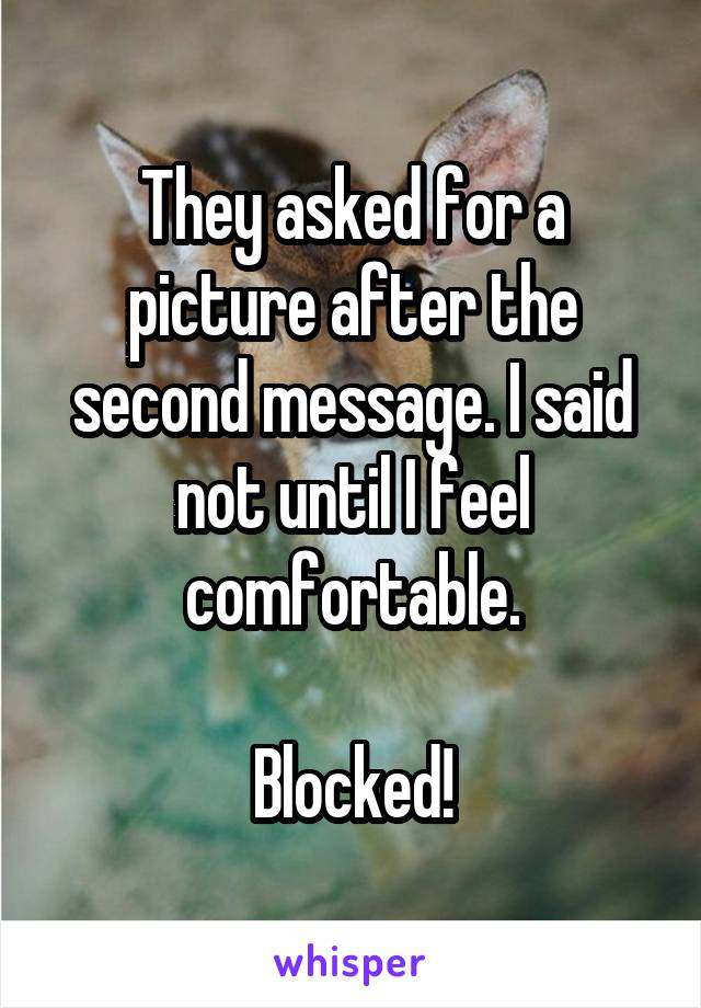 They asked for a picture after the second message. I said not until I feel comfortable.

Blocked!