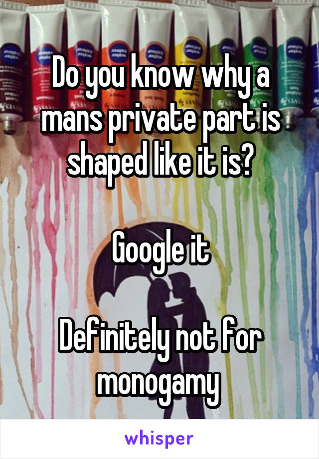 Do you know why a mans private part is shaped like it is?

Google it

Definitely not for monogamy 