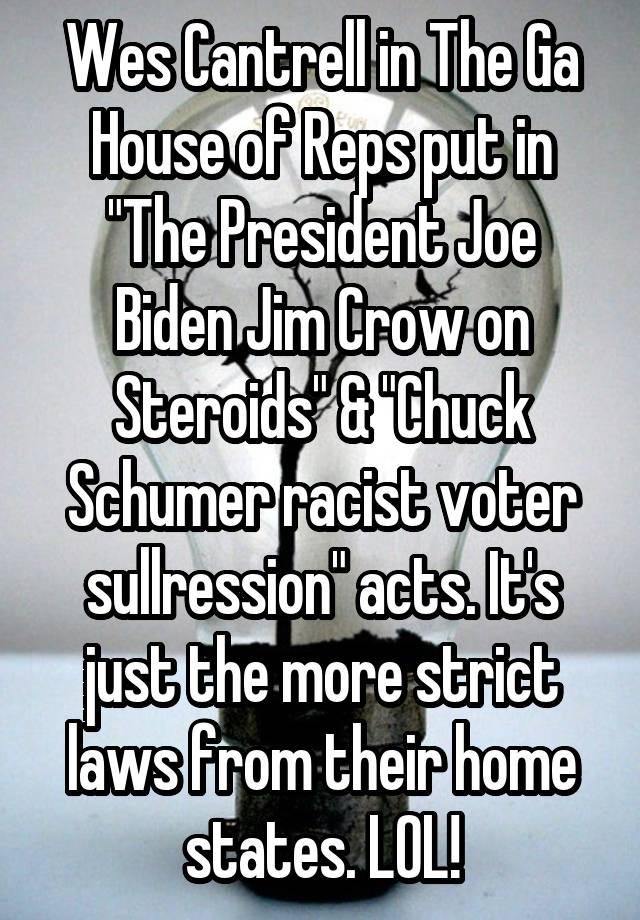 Wes Cantrell in The Ga House of Reps put in "The President Joe Biden Jim Crow on Steroids" & "Chuck Schumer racist voter sullression" acts. It's just the more strict laws from their home states. LOL!