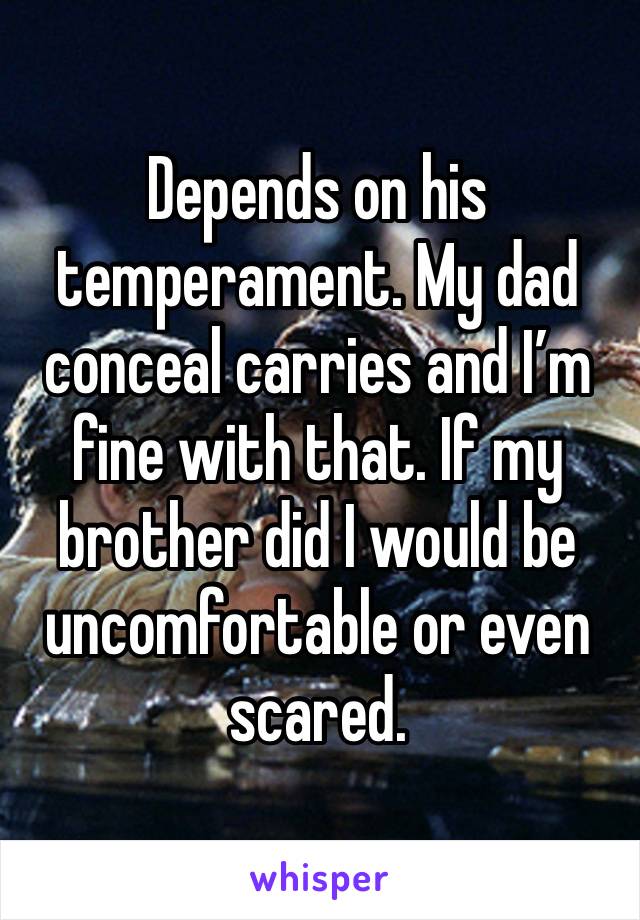 Depends on his temperament. My dad conceal carries and I’m fine with that. If my brother did I would be uncomfortable or even scared.