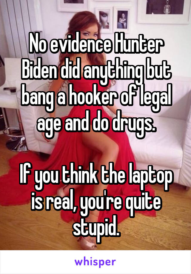 No evidence Hunter Biden did anything but bang a hooker of legal age and do drugs.

If you think the laptop is real, you're quite stupid.