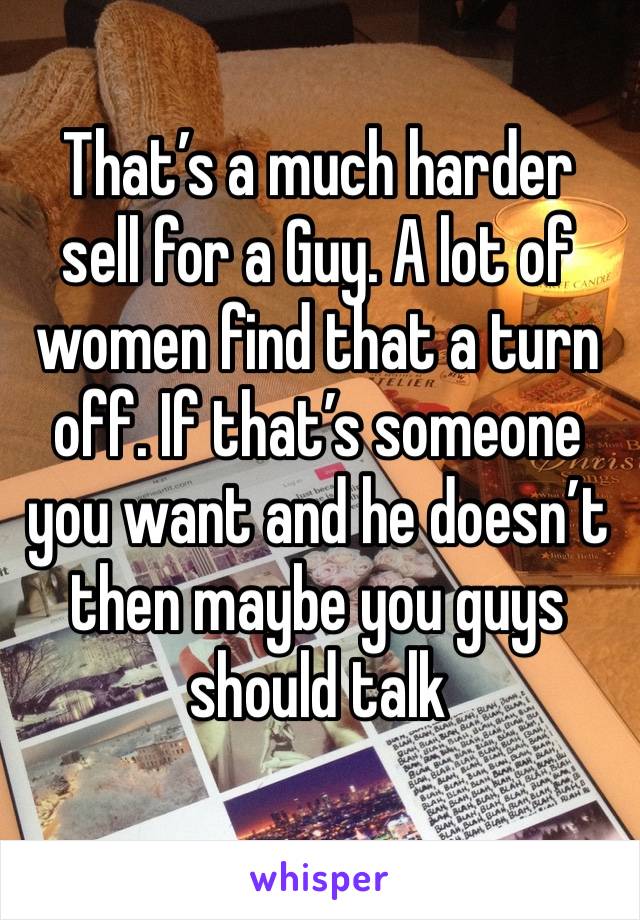 That’s a much harder sell for a Guy. A lot of women find that a turn off. If that’s someone you want and he doesn’t then maybe you guys should talk 