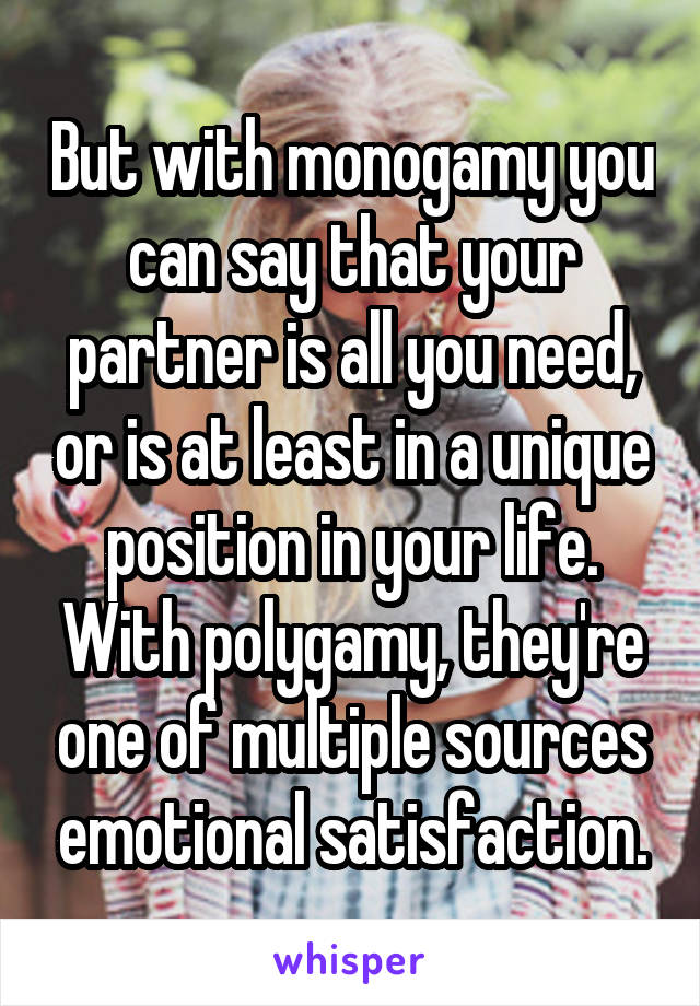 But with monogamy you can say that your partner is all you need, or is at least in a unique position in your life. With polygamy, they're one of multiple sources emotional satisfaction.