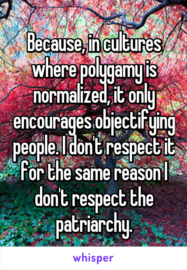 Because, in cultures where polygamy is normalized, it only encourages objectifying people. I don't respect it for the same reason I don't respect the patriarchy.