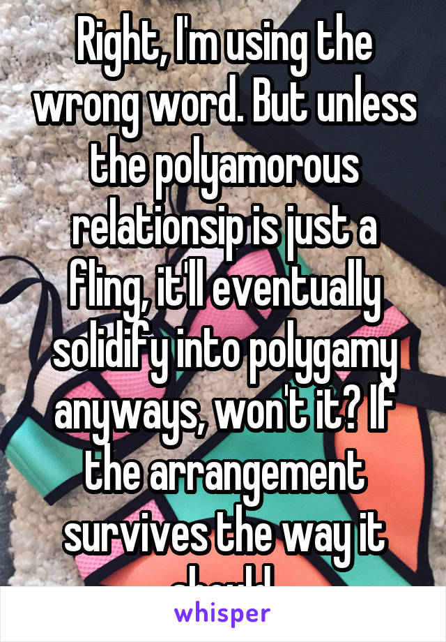 Right, I'm using the wrong word. But unless the polyamorous relationsip is just a fling, it'll eventually solidify into polygamy anyways, won't it? If the arrangement survives the way it should.