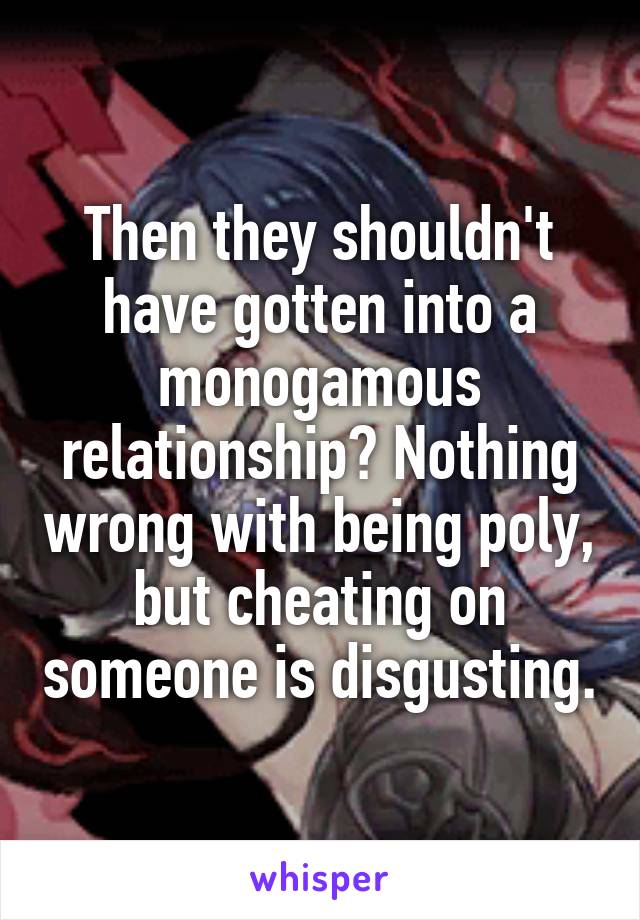 Then they shouldn't have gotten into a monogamous relationship? Nothing wrong with being poly, but cheating on someone is disgusting.