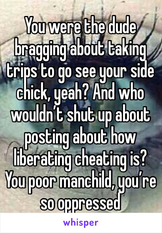 You were the dude bragging about taking  trips to go see your side chick, yeah? And who wouldn’t shut up about posting about how liberating cheating is? You poor manchild, you’re so oppressed 