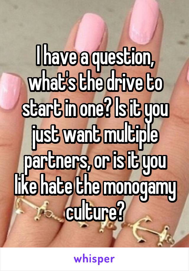 I have a question, what's the drive to start in one? Is it you just want multiple partners, or is it you like hate the monogamy culture?