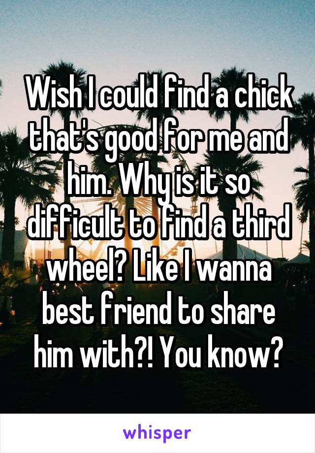 Wish I could find a chick that's good for me and him. Why is it so difficult to find a third wheel? Like I wanna best friend to share him with?! You know?