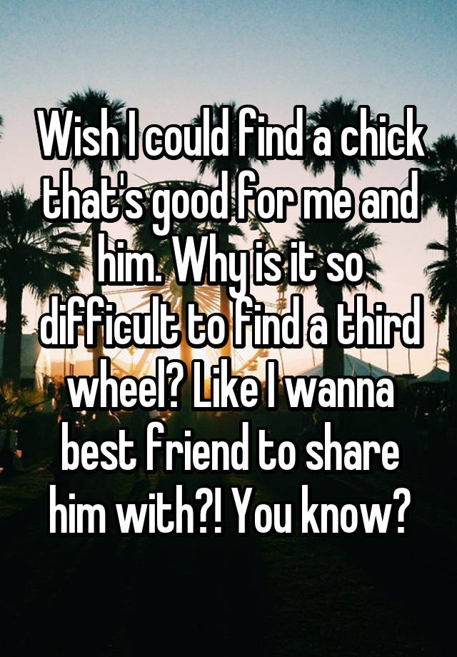 Wish I could find a chick that's good for me and him. Why is it so difficult to find a third wheel? Like I wanna best friend to share him with?! You know?