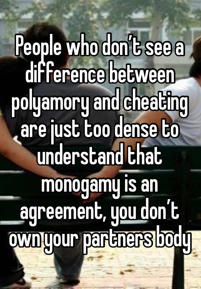 People who don’t see a difference between polyamory and cheating are just too dense to understand that monogamy is an agreement, you don’t own your partners body