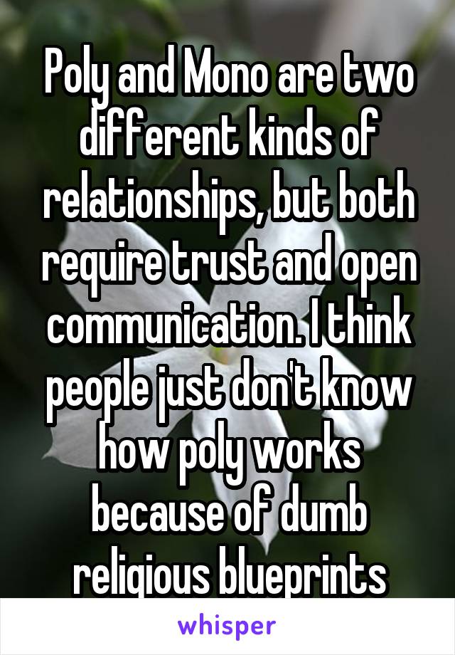 Poly and Mono are two different kinds of relationships, but both require trust and open communication. I think people just don't know how poly works because of dumb religious blueprints