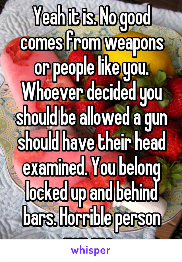 Yeah it is. No good comes from weapons or people like you. Whoever decided you should be allowed a gun should have their head examined. You belong locked up and behind bars. Horrible person you are. 