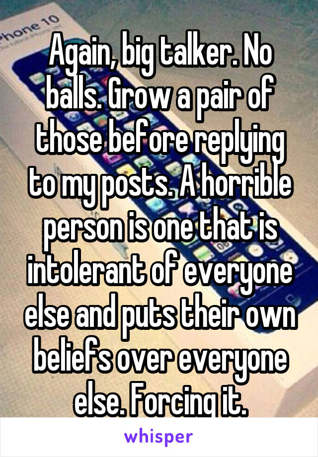 Again, big talker. No balls. Grow a pair of those before replying to my posts. A horrible person is one that is intolerant of everyone else and puts their own beliefs over everyone else. Forcing it.