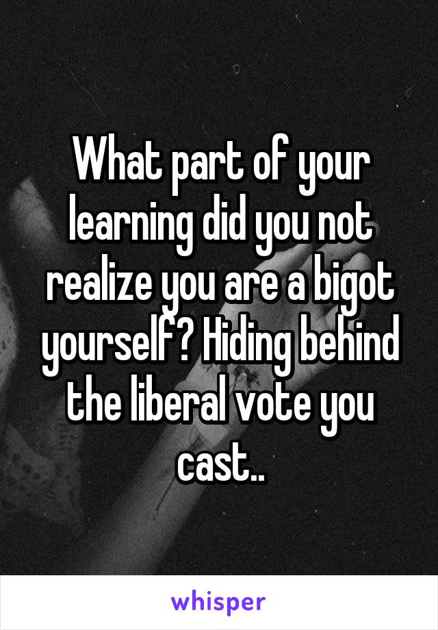 What part of your learning did you not realize you are a bigot yourself? Hiding behind the liberal vote you cast..