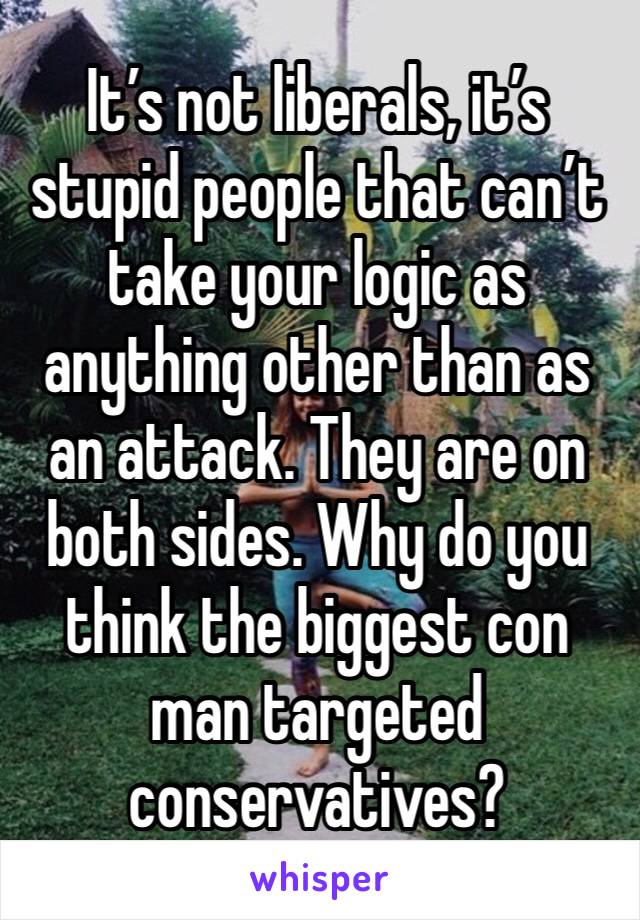 It’s not liberals, it’s stupid people that can’t take your logic as anything other than as an attack. They are on both sides. Why do you think the biggest con man targeted conservatives? 