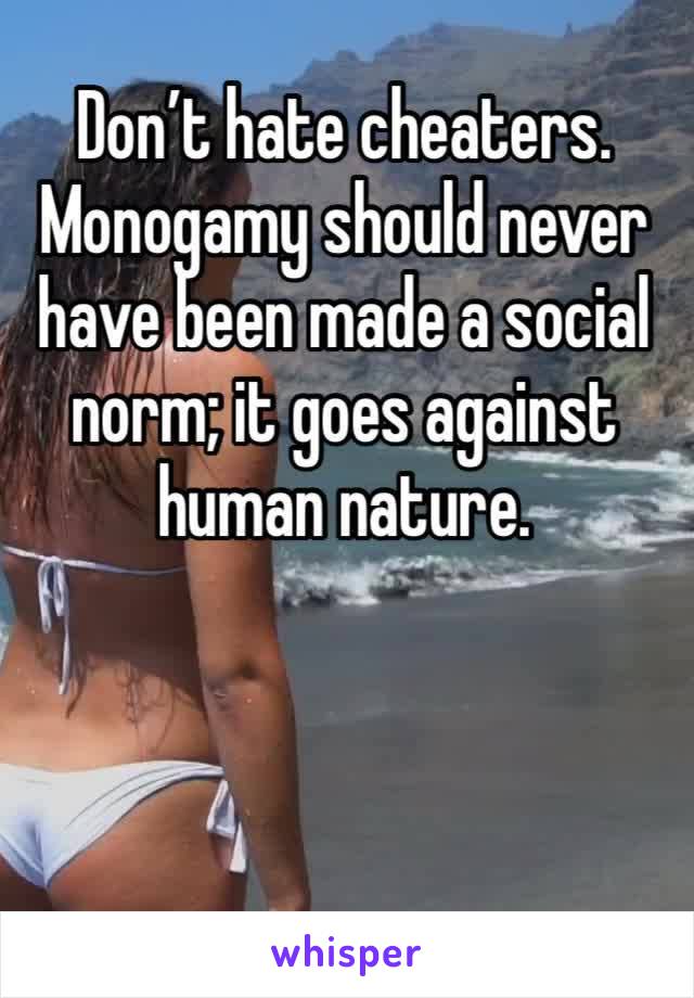 Don’t hate cheaters. Monogamy should never have been made a social norm; it goes against human nature. 