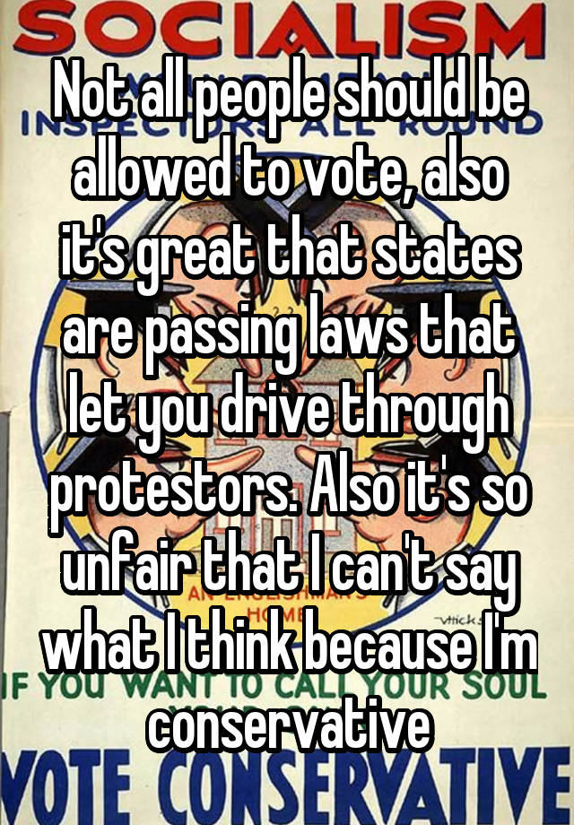 Not all people should be allowed to vote, also it's great that states are passing laws that let you drive through protestors. Also it's so unfair that I can't say what I think because I'm conservative