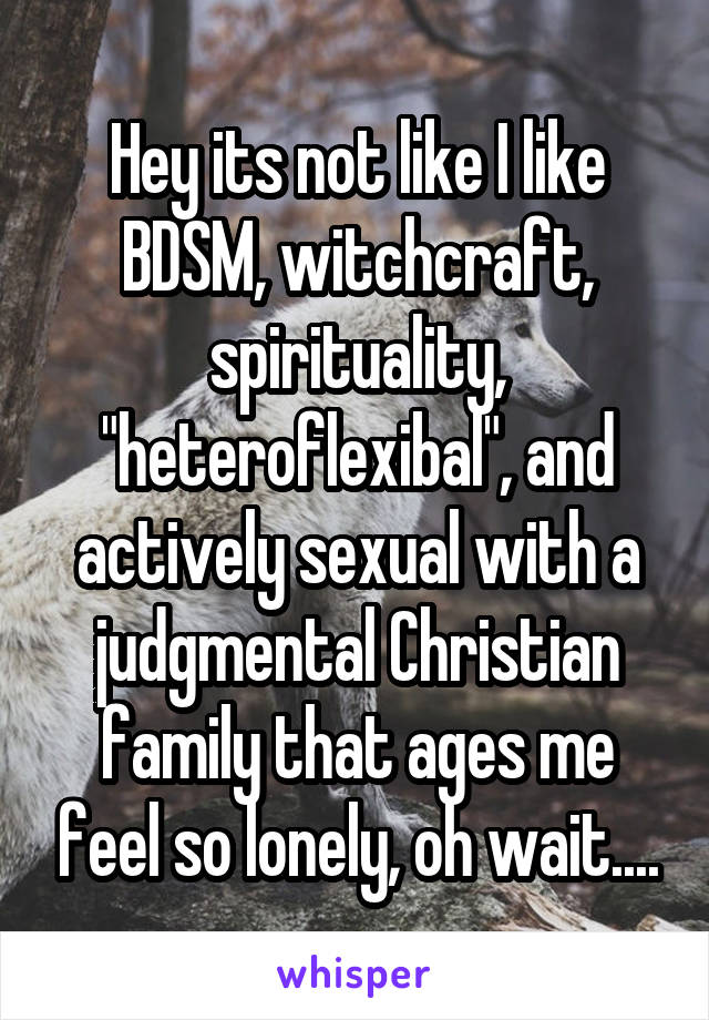 Hey its not like I like BDSM, witchcraft, spirituality, "heteroflexibal", and actively sexual with a judgmental Christian family that ages me feel so lonely, oh wait....