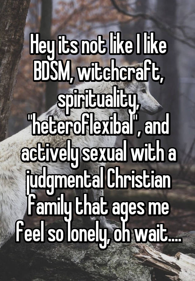 Hey its not like I like BDSM, witchcraft, spirituality, "heteroflexibal", and actively sexual with a judgmental Christian family that ages me feel so lonely, oh wait....