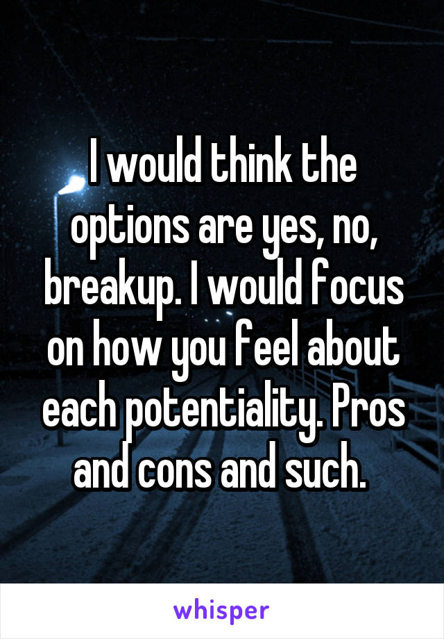 I would think the options are yes, no, breakup. I would focus on how you feel about each potentiality. Pros and cons and such. 