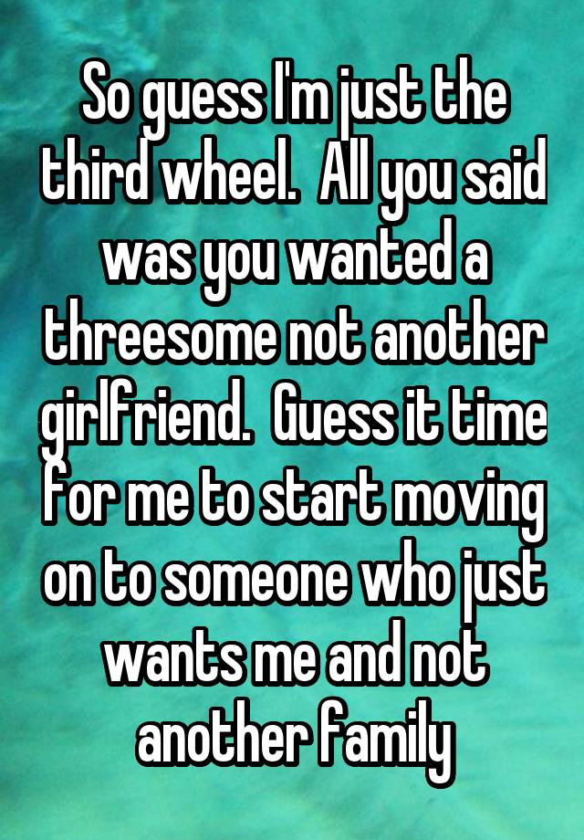 So guess I'm just the third wheel.  All you said was you wanted a threesome not another girlfriend.  Guess it time for me to start moving on to someone who just wants me and not another family